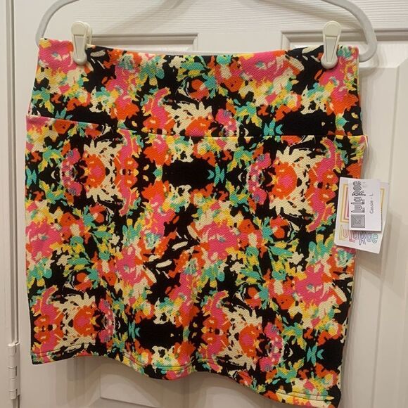 LuALaRoe Cassie Size Large Pink Yellow Black Blue Orange Stretch MIDI Skirt New - Picture 2 of 8